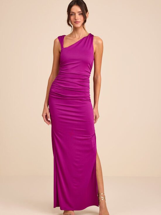 Lulus Dresses & Skirts - Lulus Enticing Darling Magenta Asymmetrical Ruched Maxi Dress Purple - Size M
